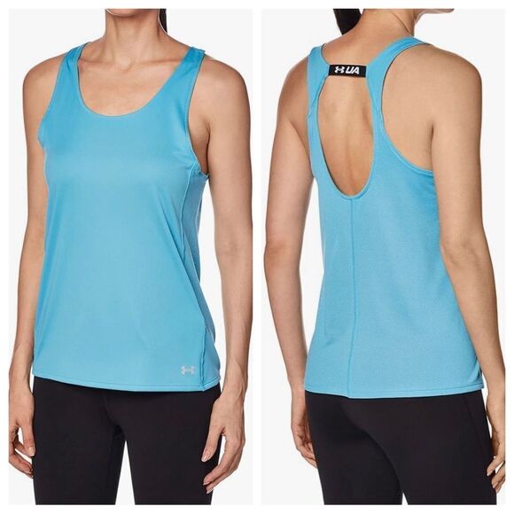 Under Armour Wm’s Sz Sm Blue Scoop Neck Mesh Panels Fly by Tank Top - Picture 2 of 5